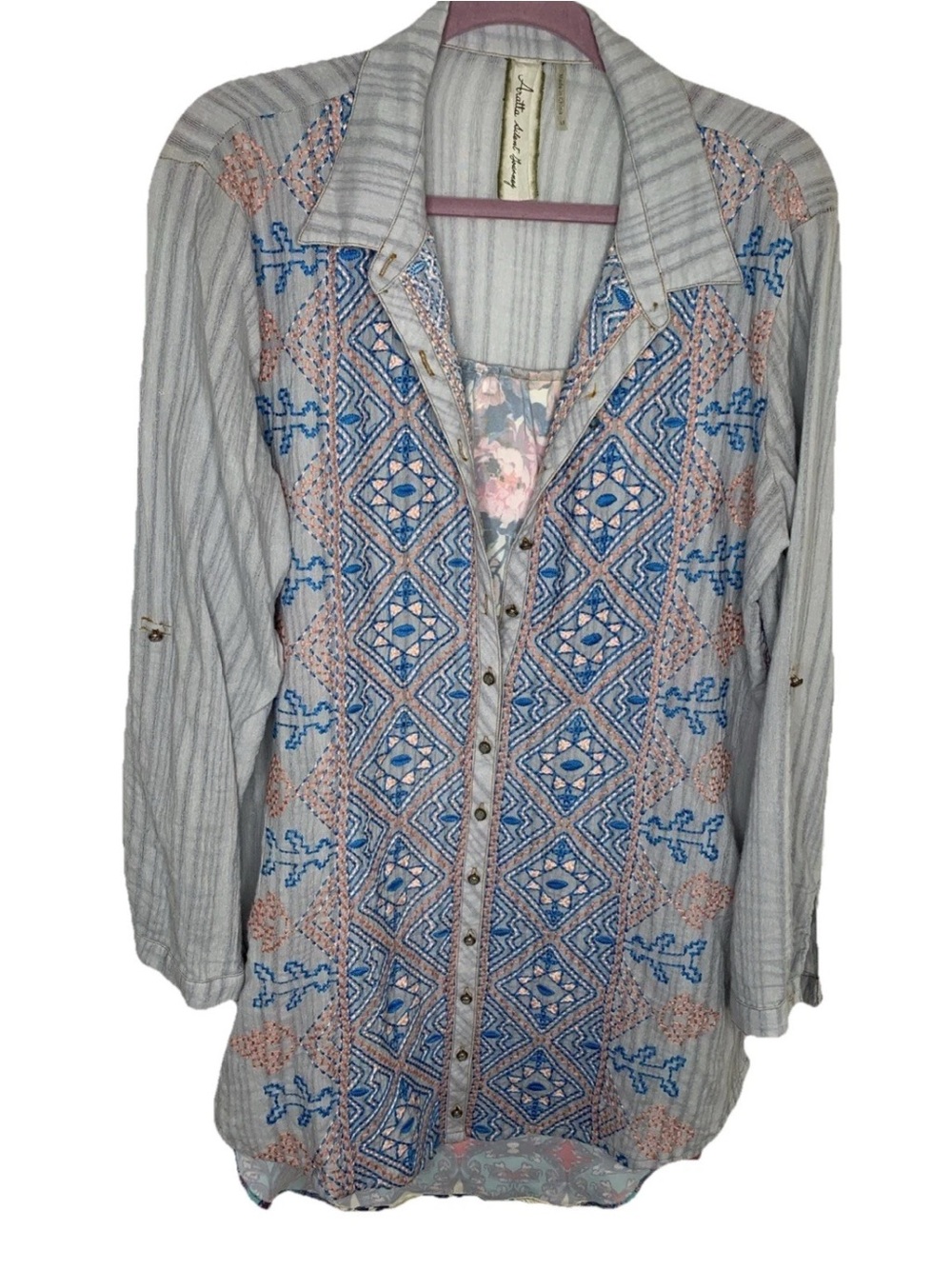 Aratta Silent Journey Embroidered Button Front Tunic Top Roll Tab Size Medium